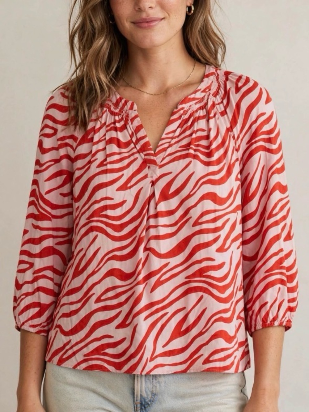 ❤️🩷Crown & Ivy XXL Pink Red Zebra Print Peasant Blouse 3/4 Sleeve Smocked EUC